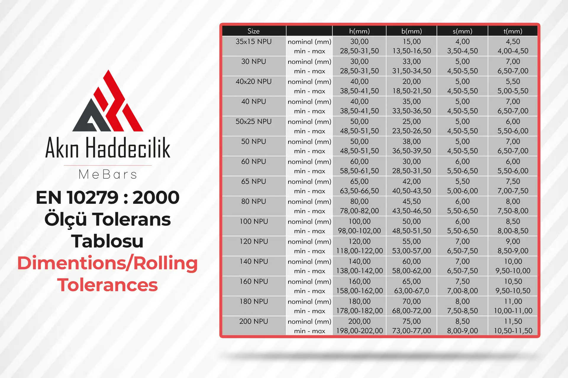 NPU PROFİL TOLERANS TABLOSU